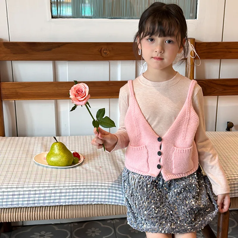 

Girls' Clothing 2025 Spring and Autumn Fashion Comfortable Girls' Solid Color Base Shirt and Sweater Vest Set