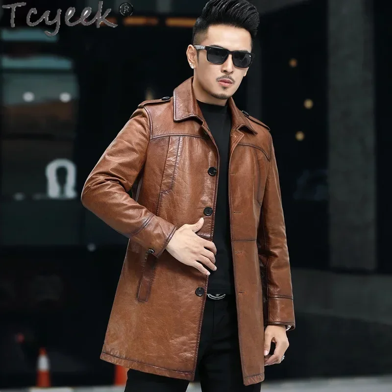 

Tcyeek 100% Real Leather Coat for Man Autumn Winter Genuine Leather Jacket Men's Oil Wax Sheepskin Mid-length Casual Windbreaker