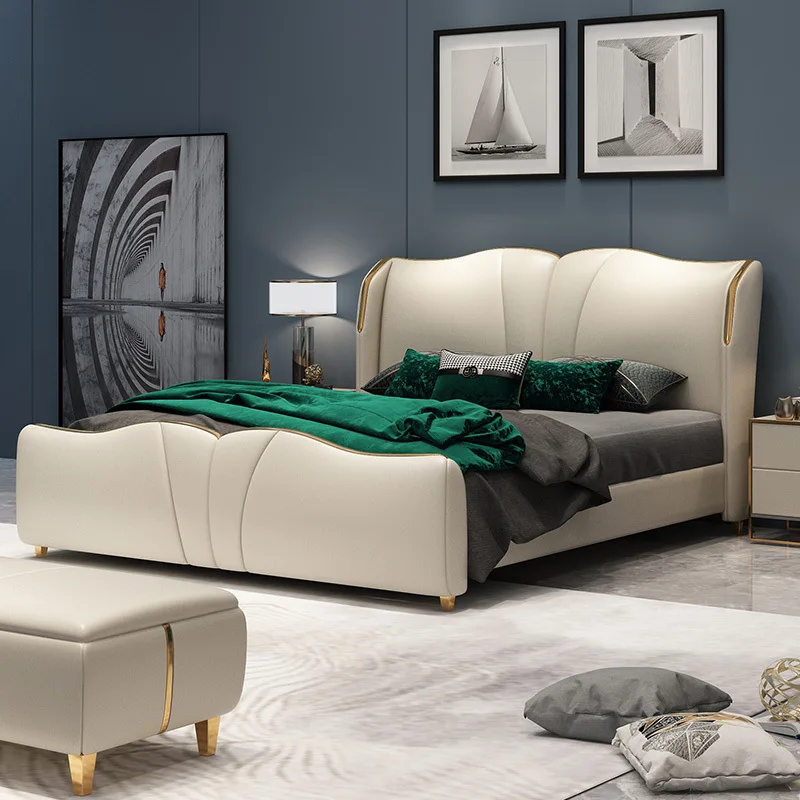 

！@Modern Luxury Metal Bed Leather Double Bed Designs with Revolving Storage Features Space-Saving King Size Bedroom Furniture