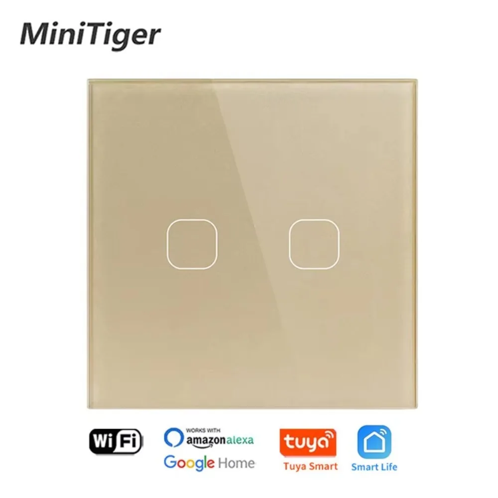 Minitiger Luxury 2 Gang Glass Panel Wifi Wall Touch Sensor Switch Smart Light Switch Control Compatible with Alexa Google Home