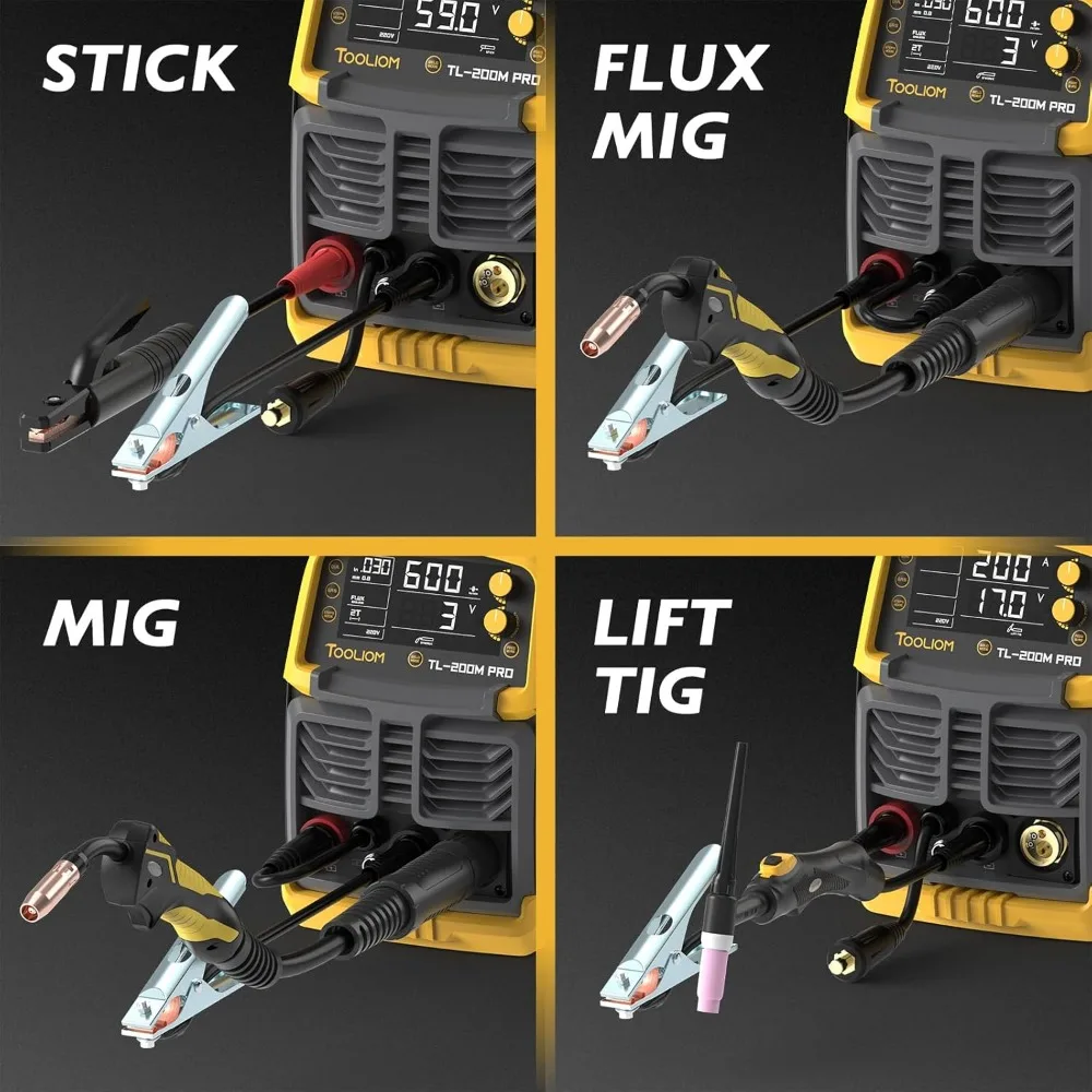 200a soldador mig 4 em 1 mig/fluxo mig/elevador tig/vara soldador 110/220v dupla tensão de alumínio máquina de solda carretel compatível