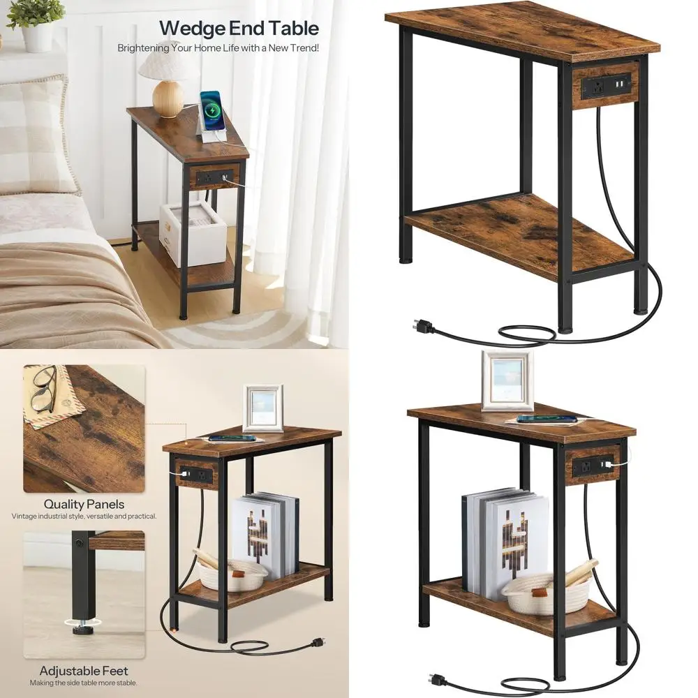 Mesa final da estação de carregamento, mesa lateral reclinável com armazenamento, mesa triangular industrial compacta para sala de estar, marrom rústico