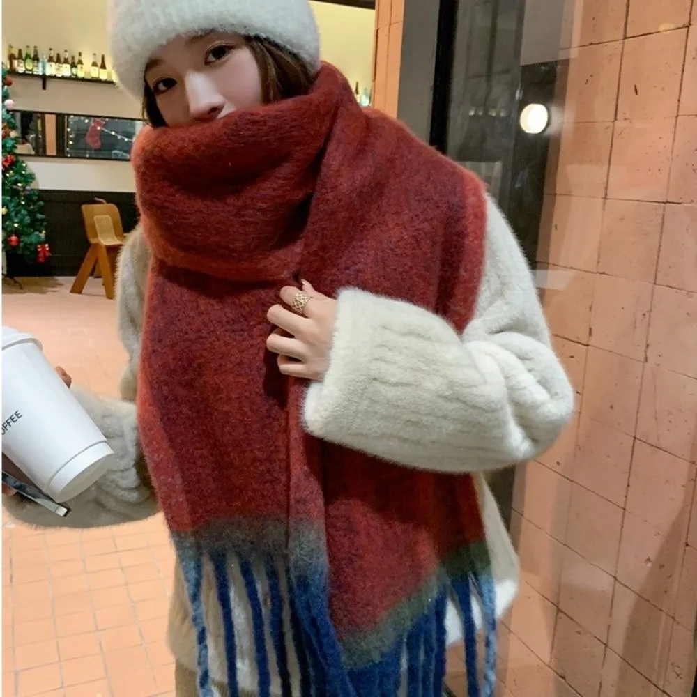 Fashion Gradient Knitted Scarf with Tassel Thickened Winter Neck Wrap Long Soft Fluffy Thermal Warm Scarf for Women