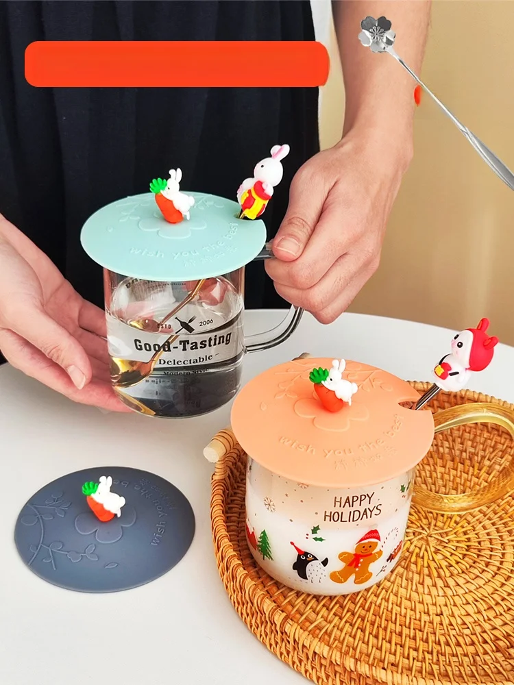 

Original Design Food ade Silicone Cup Cover Cartoon Rabbit Milk Tea Cup Cover Universal round Lid for Mugs And Cups