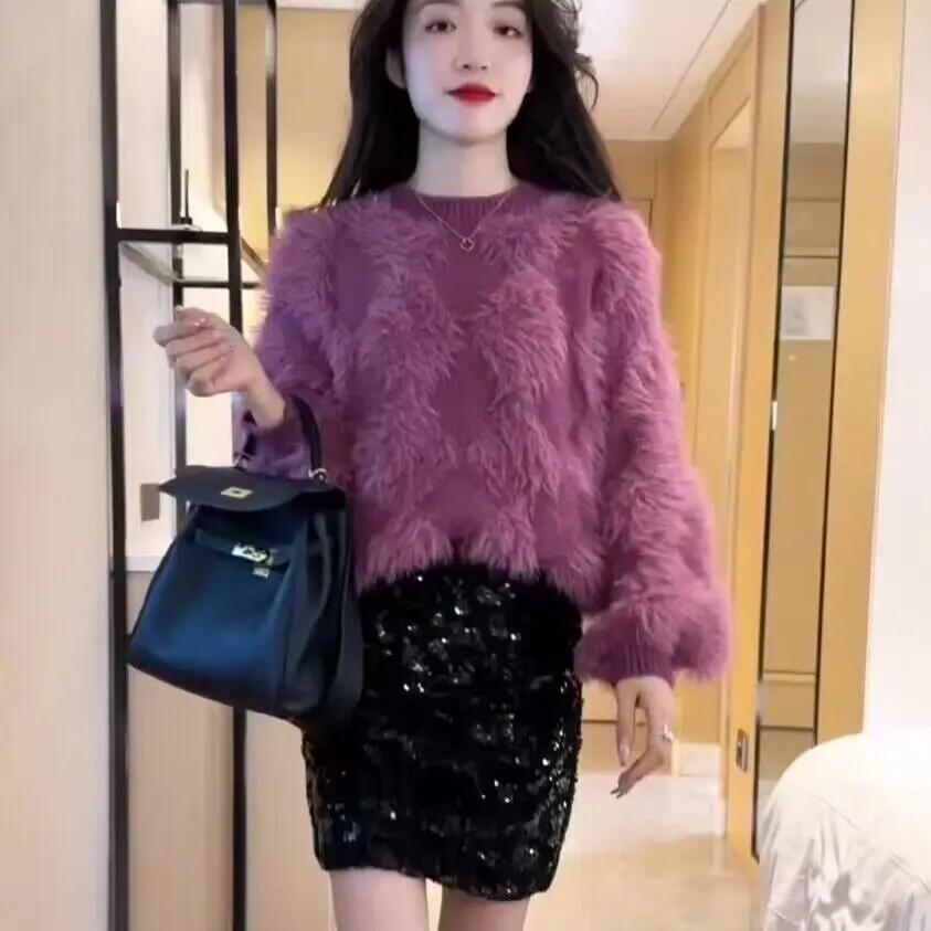 Gentle Stylish Milk New Year Outfit Purple Faux Mink Fur for Autumn Winter High-end and Explosive Soft Fluffy Knitted Sweater