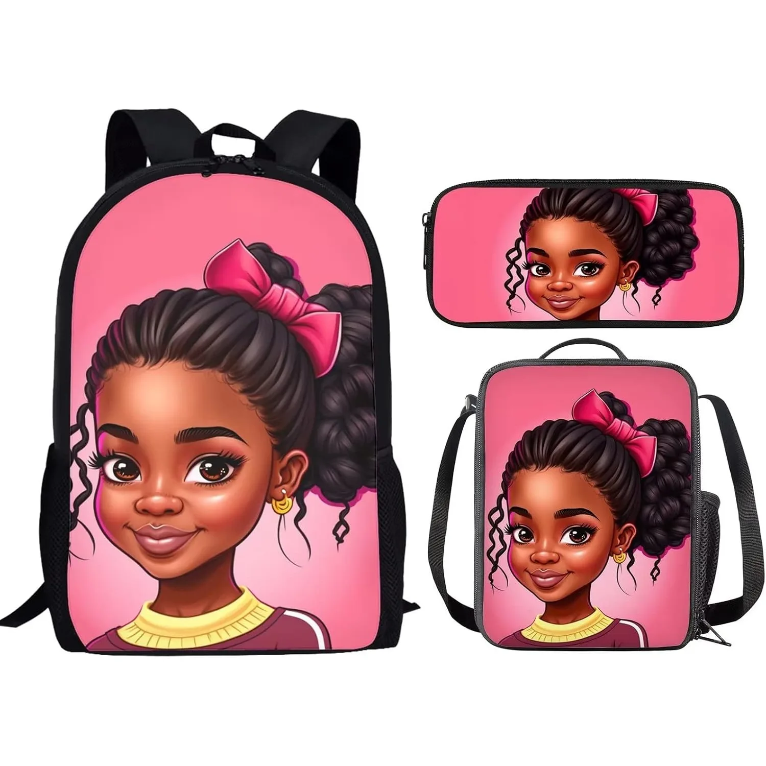 

Afro Girl Backpack with Lunch Box for Girls Pink African Bookbag Teen Kids School Bags Student High School Student Bookbag