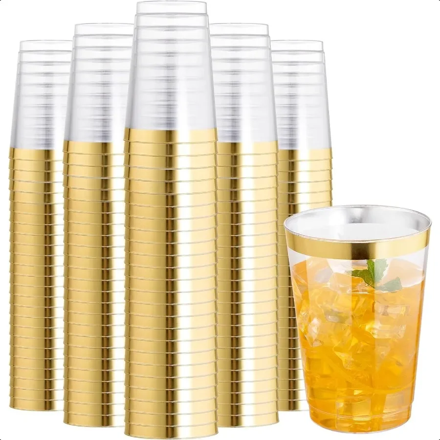 

200 Pack 12 oz Gold Plastic Cups Clear Cups Plastic Wine Glasses Cocktail Glasses Premium Cups with Gold Rim 12 Ounce Tumbler