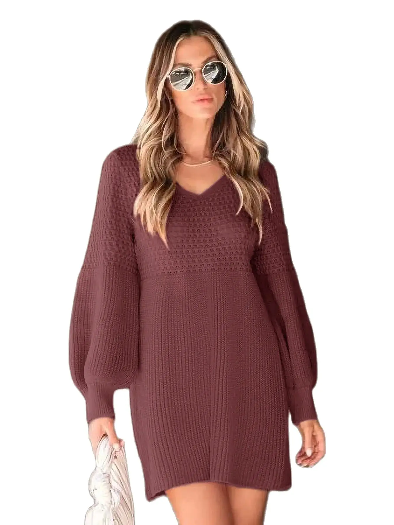 V-Neck Dresses Women Lantern Sleeves Solid Color Woolen Dress Autumn Winter Casual Comfortable Fashion Temperament Streetwear