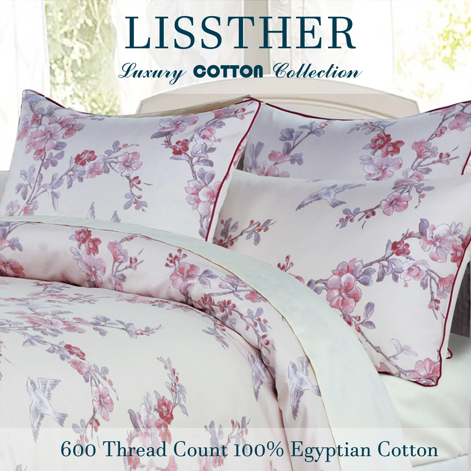 

3pcs 600 TC 100% Egyptian Cotton Duvet Cover Set (Without Core), Vintage Bird and Watercolor Floral , Soft And Skin-friendly