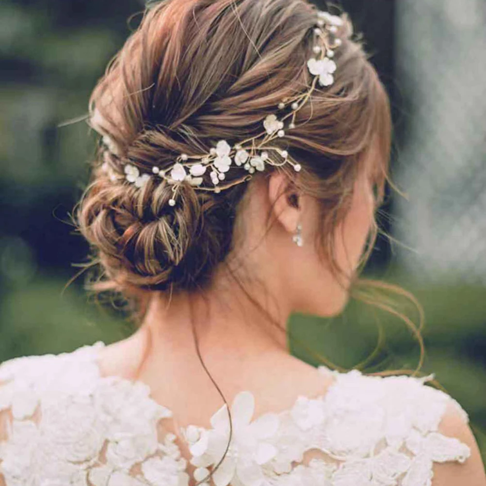 

Pearl Shell Hair Chain Elegant Bride Wedding Party Hairb Hair Hoops Accessories Ivory White Satin Ribbon Headwrap