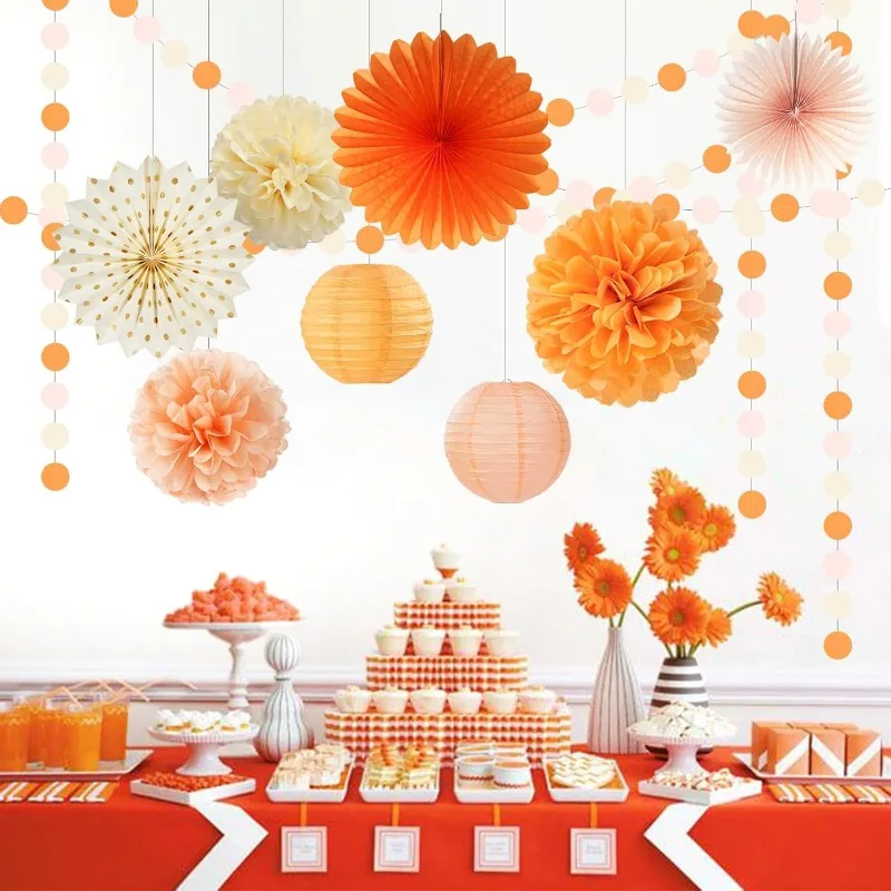 Orange Beige Peach Fall Boho Thanksgiving Party Decorations Autumn Banner Paper Streamers Tassel Garland Tissue Pompoms Lanterns