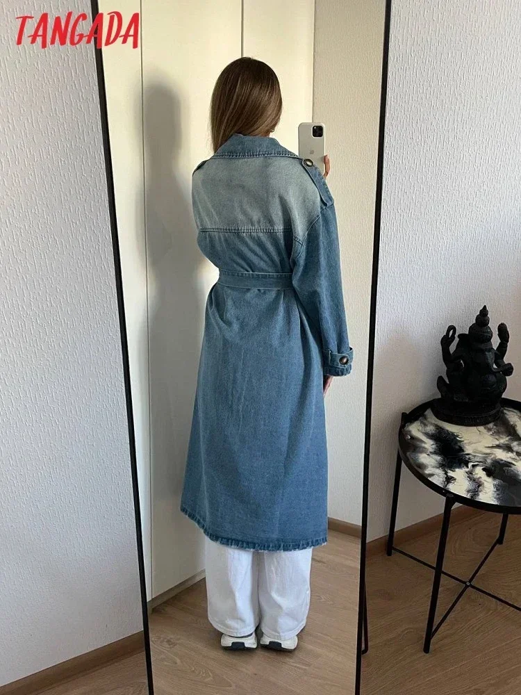 Tangada 2023 Autumn Women Blue Denim Trench Coat With Belt Elegant Female Loose Outwear 5B2