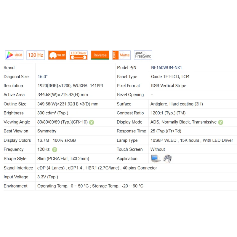 شاشة LCD لأجهزة الكمبيوتر المحمول ، استبدال لوحة عرض المصفوفة ، شاشة لا تعمل باللمس ، NE160WUM NX1 ، ، من من من من من من ، من من ، من ، إلى x من ، RGB ، eDP ، 40 دبوس ، 16 بوصة ،