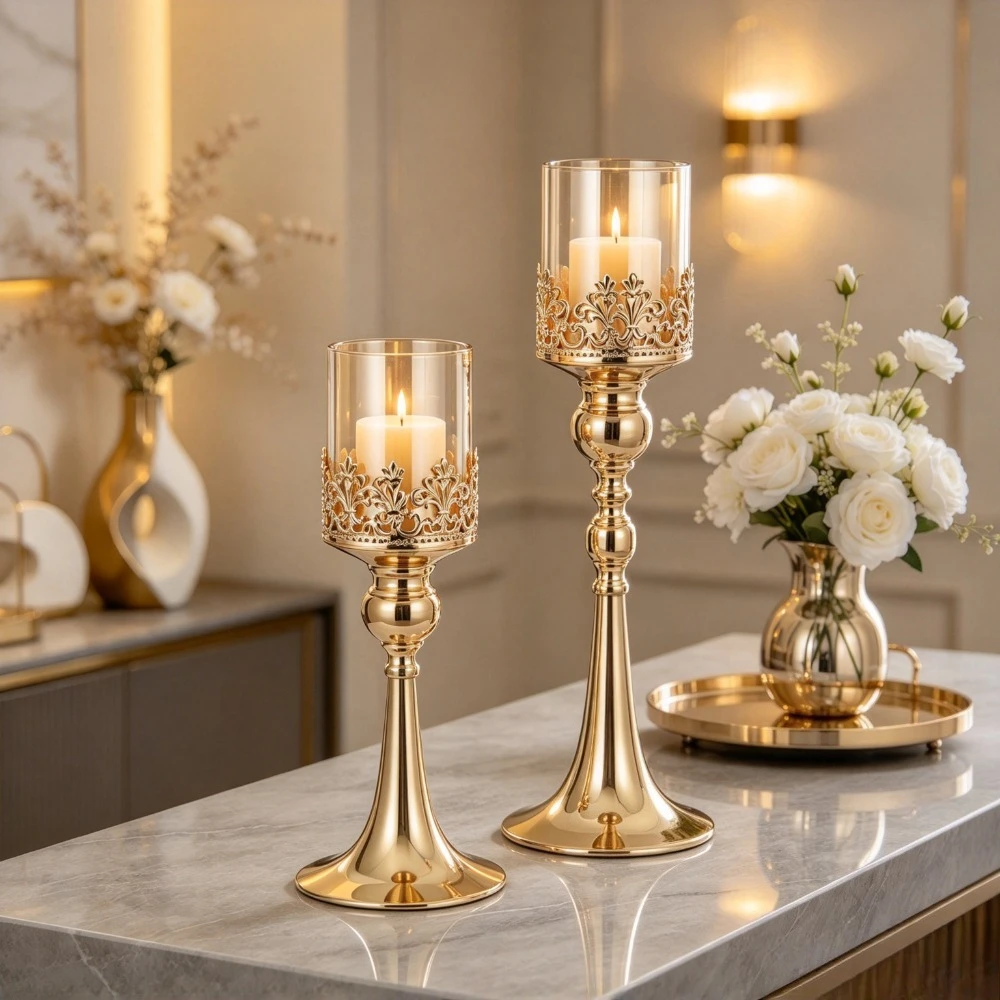 Gold Candle Holder Set Pedestal Candlestick with Glass Shade Wedding Table Centerpiece for Christmas Home Party Decor