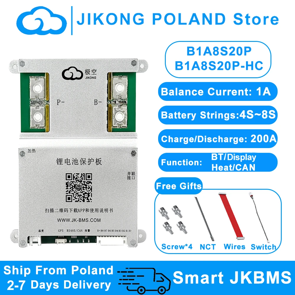 JIKONG V19 JK BMS B1A8S20P 4S-8S Smart BMS BT RS485 Calore CAN 1A 2A Corrente 200A Bilanciatore attivo per batteria agli ioni di litio Lifepo4 Lto