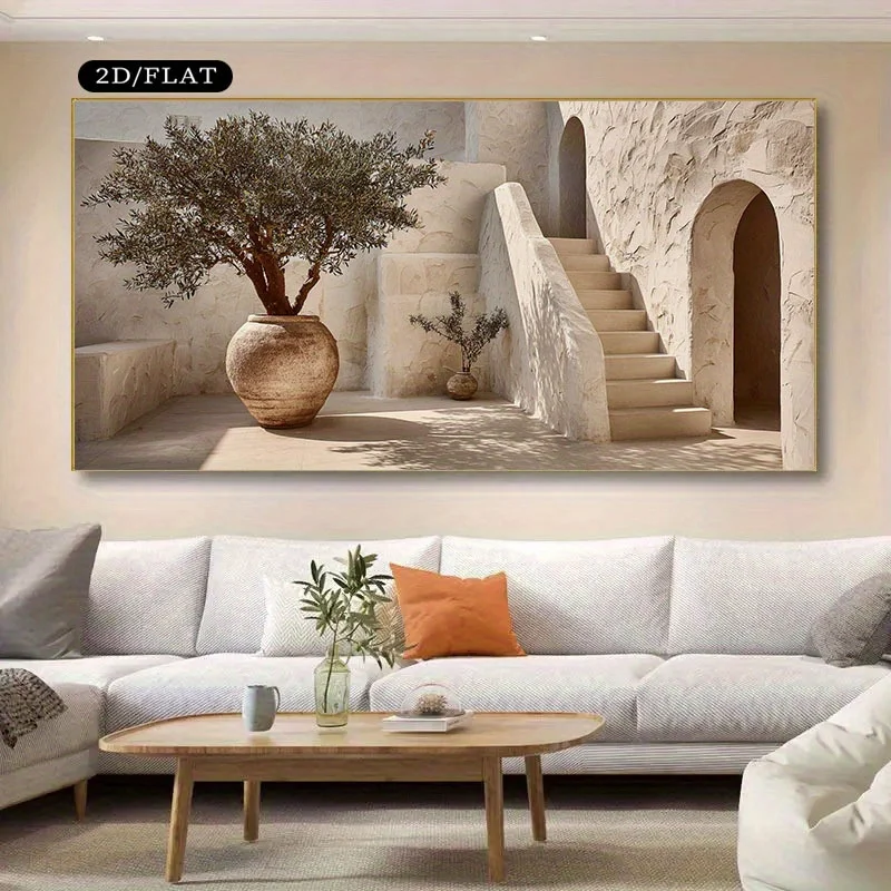 2d Flat,Canvas Artist's Home  Painting,for Large Mural Posters in Living Rooms,Porches,Desert Oases with Olive Trees and Stairs