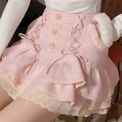 Japanese Sweet Soft Knitted Skirt Women Pink Lace Designer Casual Mini Skirt Spring Korean Party High Waist Vintage Clothes 2022