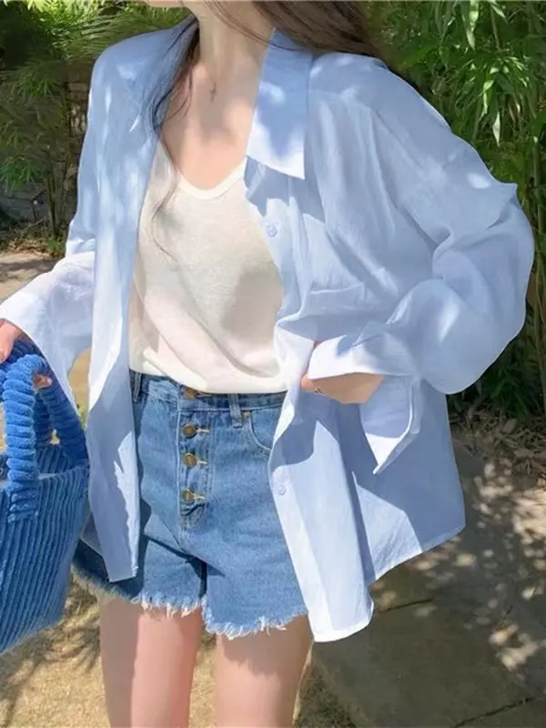 

Blue Long Sleeve Women's Shirt UV Protection Cool Feeling Early Spring Outerwear Cardigan Anti Ultraviolet Sun Protection