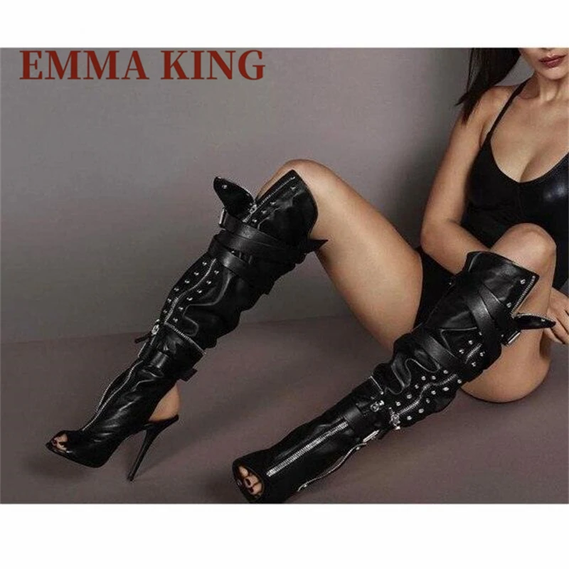 أسود حذاء نسائي بكعب عالٍ دراجة نارية الأحذية مثير اللمحة تو السيدات أبازيم الركبة عالية فاسق الأحذية Slingback سستة ربط الأحذية القوطية