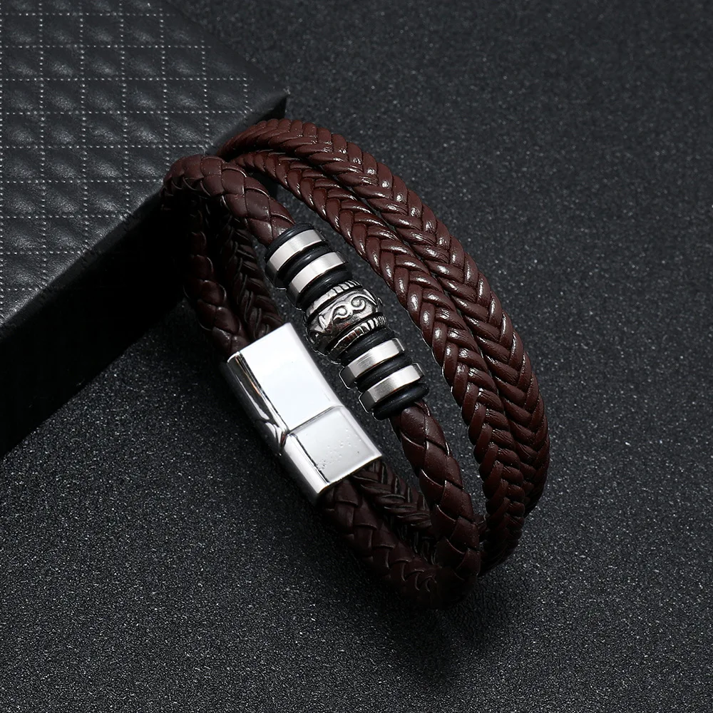 Trendy Leather Bracelets For Men Stainless Steel Bracelet 21CM Multilayer Braided Rope Bracelets for Male Jewelry Gifts image 3