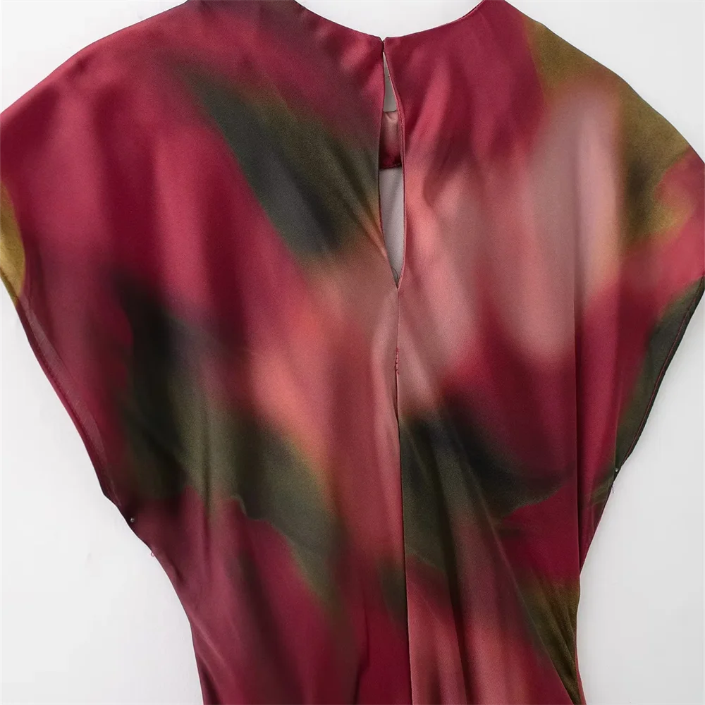 RARA tie-dye ontwerp zijde satijn textuur ronde hals elegante taille geplooide slanke jurk lange rok voor dames