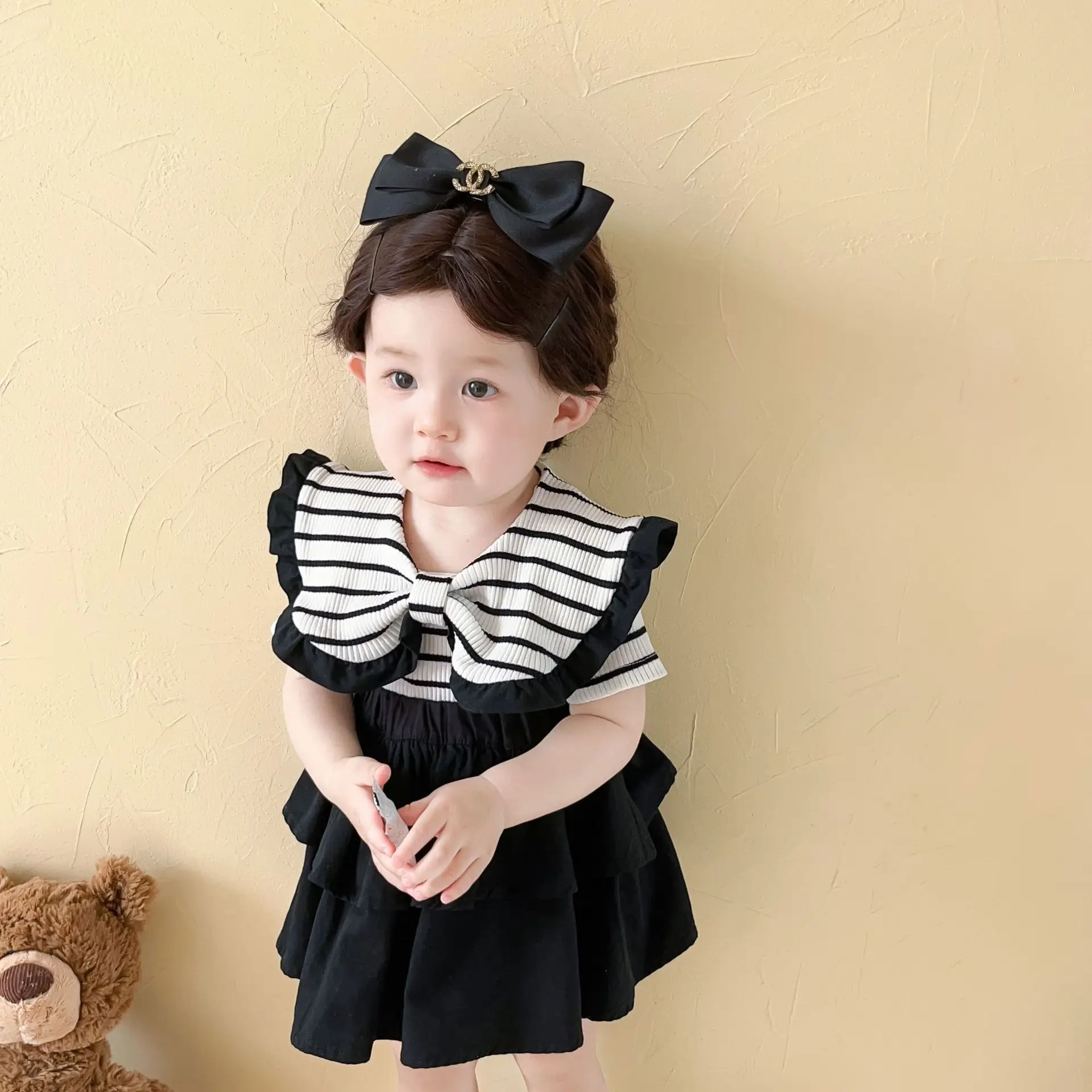 2024 Summer New Baby Striped Clothes Set Cute Infant Girl Short Sleeve Large Lapel Tops Toddler Princess Skirts Set Girls Outfit