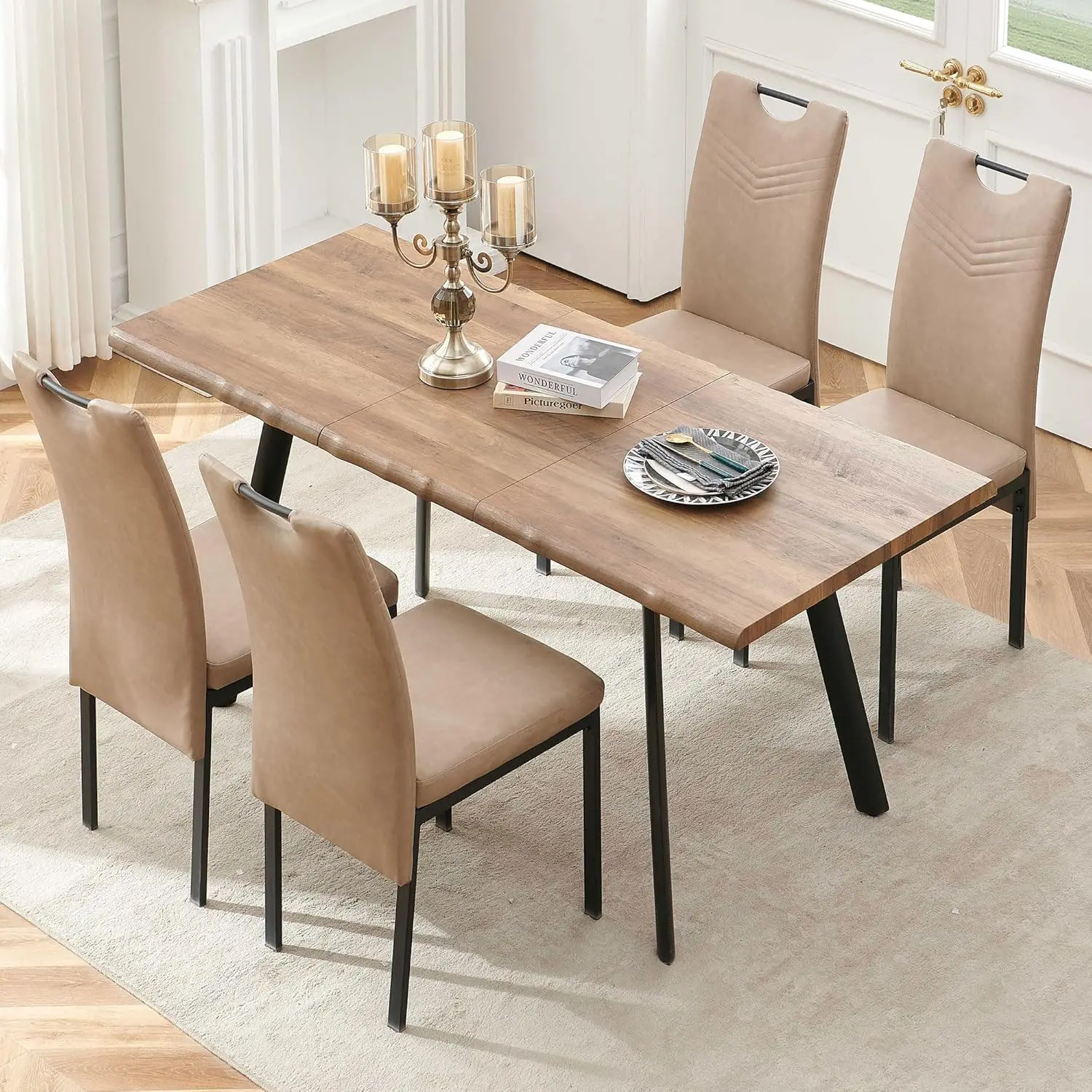 Modern 5-Piece Live Edge Kitchen Table Set, Engineered Wood Dining Table Extendable With Removable Leaf, 4 Upholstered Pu