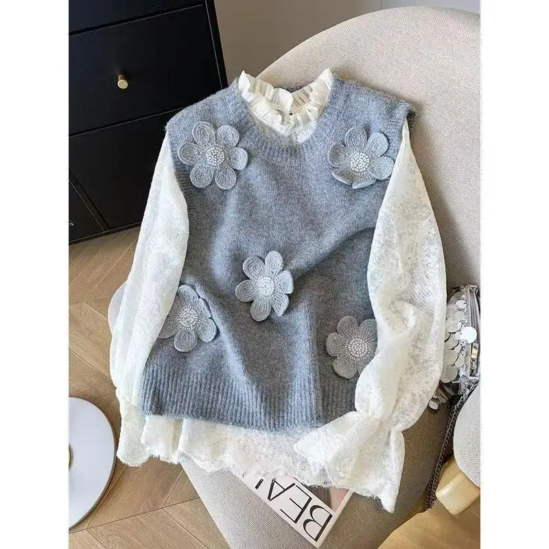 جديد ثلاثية الأبعاد زهرة س الرقبة أكمام محبوك سترة سترة المرأة بلايز تانك صدرية الكورية الحلو الفتيات سترة سترات القمم ربيع 2026 #3