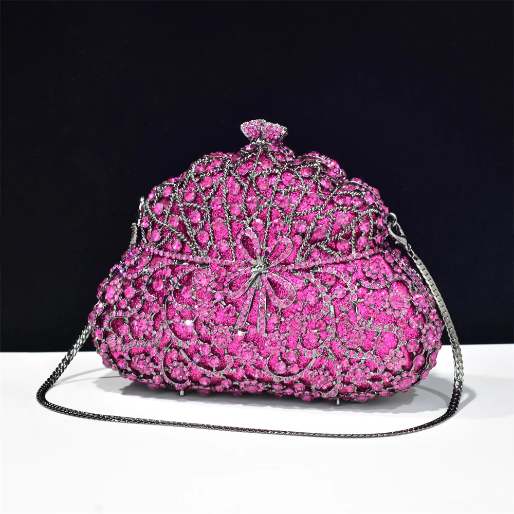 Elegant Women Fuchsia Clutch Evening Bags Ladies Wedding Crystal Dinner Banquet Purse Bridal Rhinestone Birthday Party Handbags