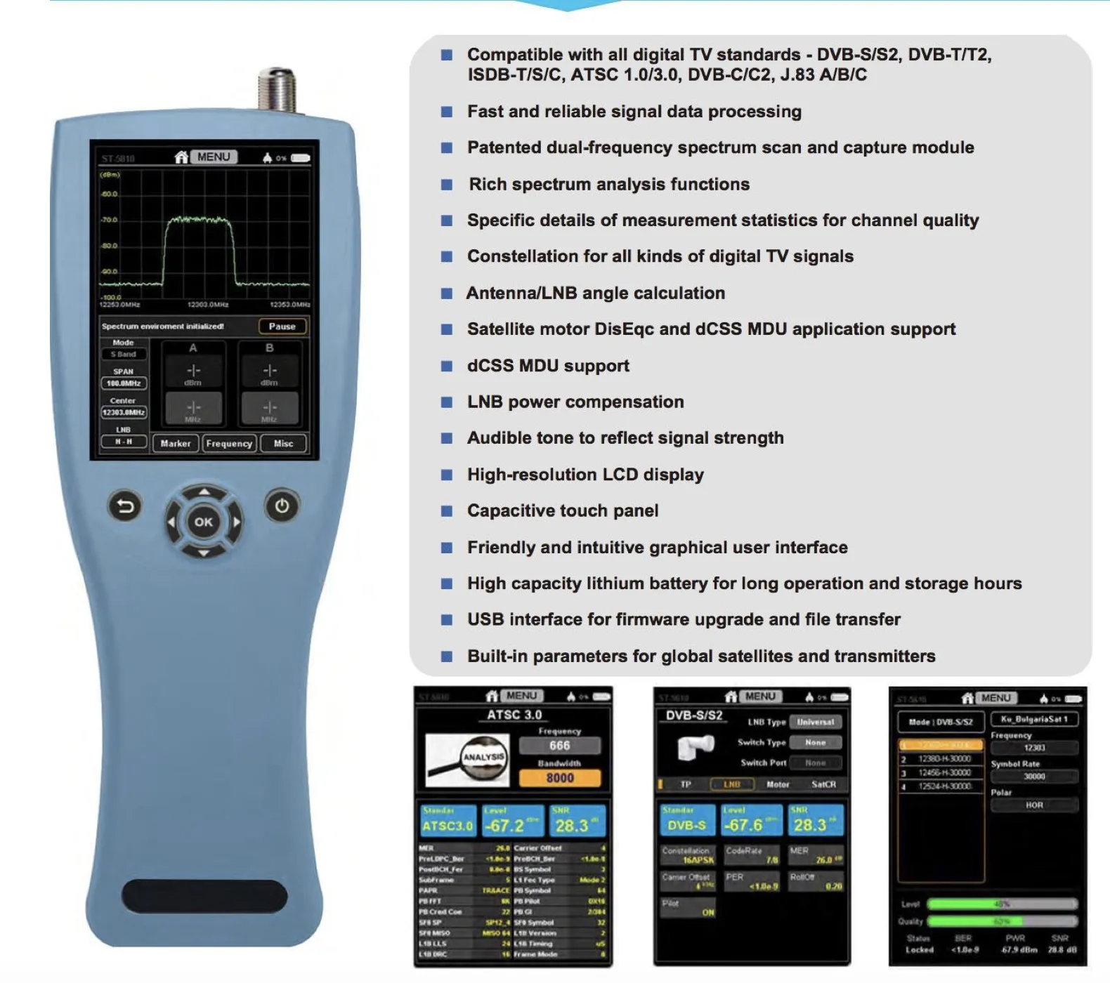 SATLINK ST-5810 يدعم ATSC 1.0 و 3.0 ISDBT DVB C2/C DVB-S2 DVB T2 ISDB-T مكتشف MPEG-4 H.265 3.5 بوصة تحليل الطيف
