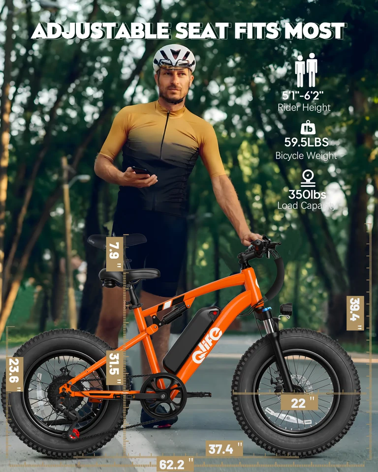 Qlife Racer Fat Tire 2.0 Electric Bike for Adults, 20"×4.0" Fat Tire Electric Mountain Bike, Peak 1800W 48V 15.6Ah,  28MPH 65 Miles  Electric Bicycle, 7-Speed image 10