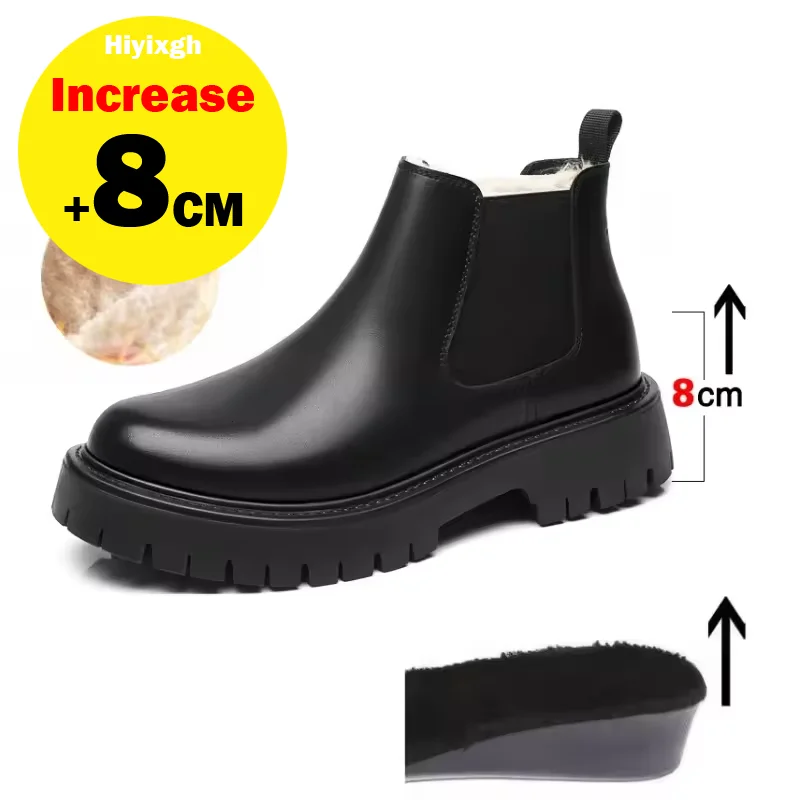 

Inner height increase of 8cm winter plus velvet mid-top leather boots for men genuine leather inner height increase plush boots