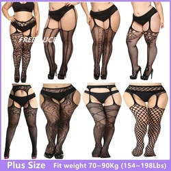 FREEAUCE Plus Size Fat Woman Sexy Stockings Nightclub High Garter Stocking Female Fishnet Pantyhose Nylon Suspender Stockings