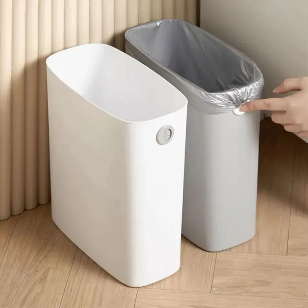 Plastic Trash Bin With Lid Space Saving Design Suitable For Bathroom Kitchen Living Room Simple Solid Color