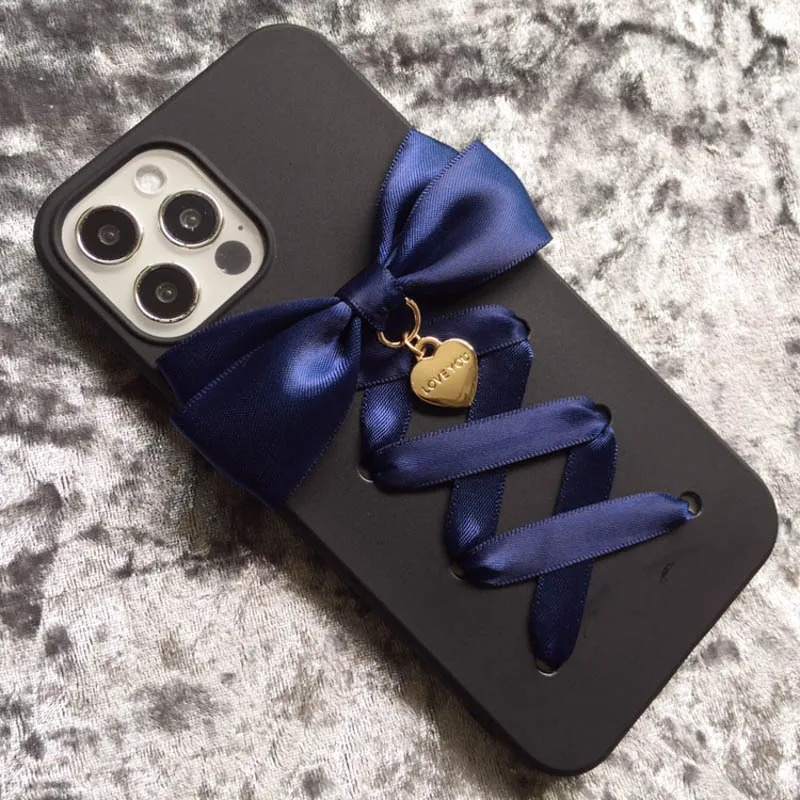 Harajuku Y2k لوليتا فتاة ثلاثية الأبعاد الشريط Bowknot جراب هاتف آيفون 16 15 برو ماكس X XS XR غالاكسي أسود لامع غطاء ناعم #6