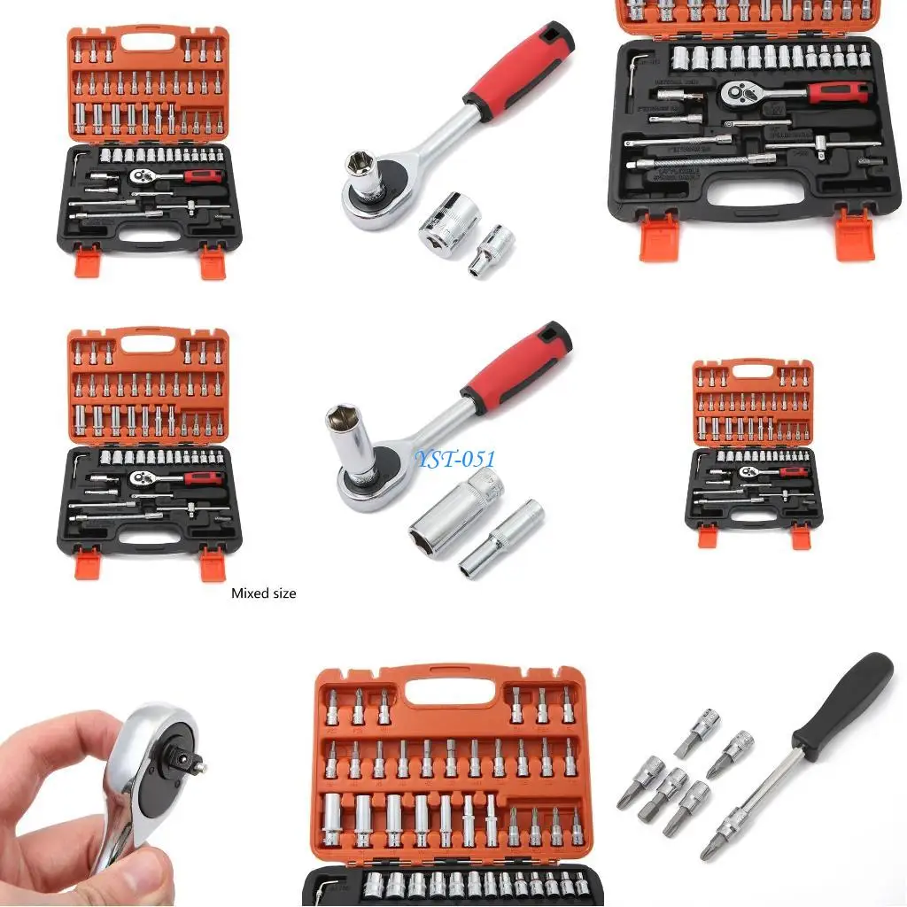 

E15A 53PCS Socket Wrench Set 13PCS 1/4in DR-Sockets 21PCS 1/4 DR-BIT Sockets Wrenches 1/4 DR-Joint DR-Spinner Handle