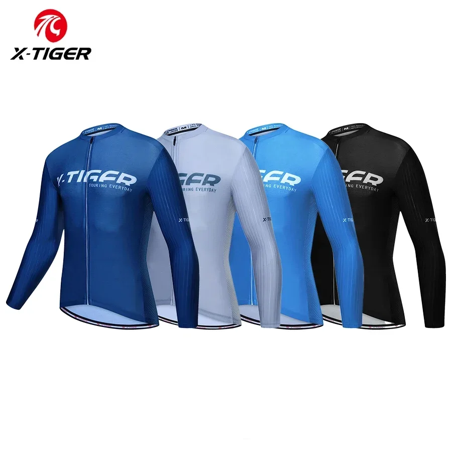 X-TIGER Cycling Jersey Black Men Slim Fit Long Sleeve Shirts Breathable Quick Dry Full Zip with 4 Rear Pockets Bicycle Clothes