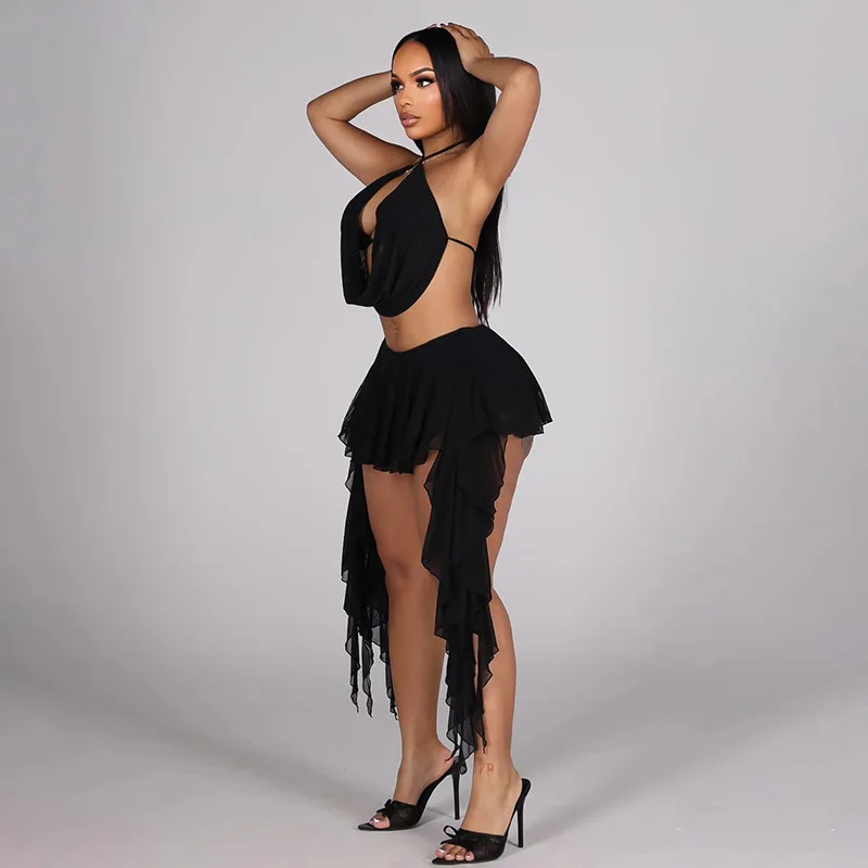 Mesh Halter Mini Skirt Set Vertical View - Lace Up Backless Club Co-Ord Outfit