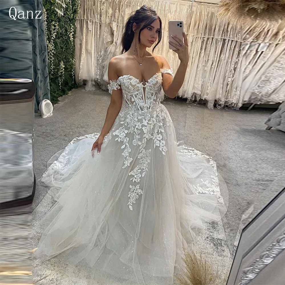 

Qanz A Line Glitter Tulle Wedding Dress Sweetheart Lace Appliques Bridal Gowns Beach Bride Dresses Sweep Train Robe De Mariee