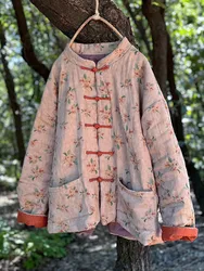 Thick Warm Cotton Linen Casual Coats Women New 2024 Autumn Chinese Style Vintage Floral Print Loose Female Padded Jackets M176