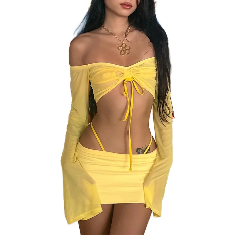 

Summer New Women's Clothing Solid Color Slim-fitting One-word Collar Long-sleeved Fashion Skirt Suit Women