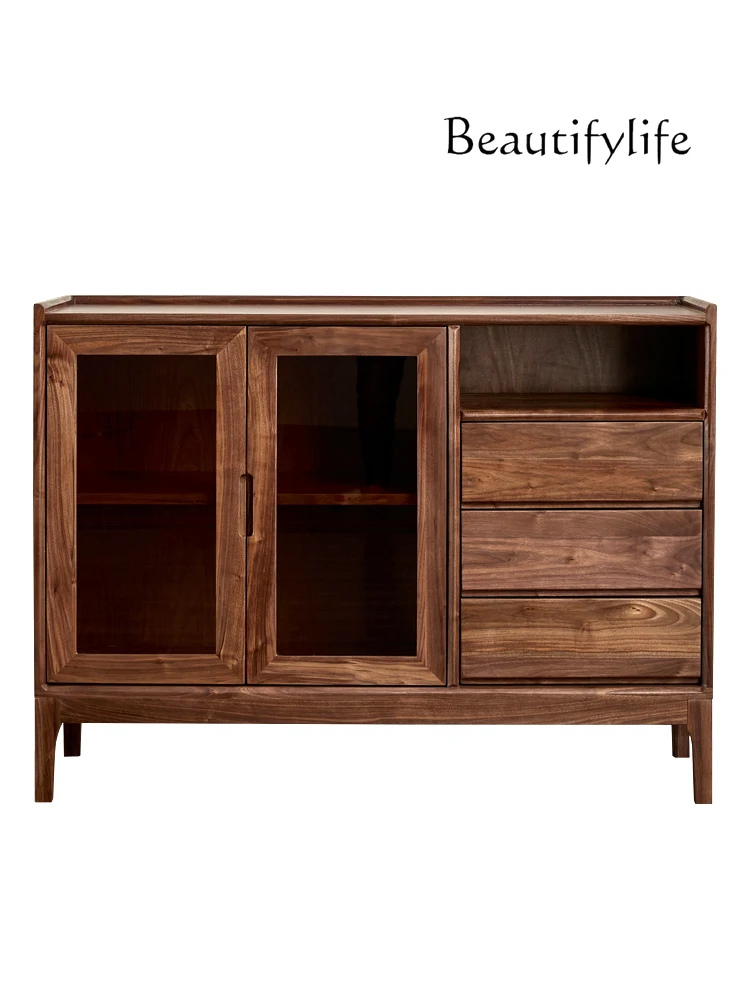 Nordic Retro Black Walnut Solid Wood Sideboard Modern Minimalist Glass Sliding Door Storage Side Cabinet