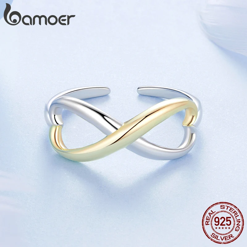 BAMOER 925 Sterling Silver Two-Tone Infinite Love Adjustable Ring, Gold Plated Cute Rings Dainty Chic Jewelry BSR622-E