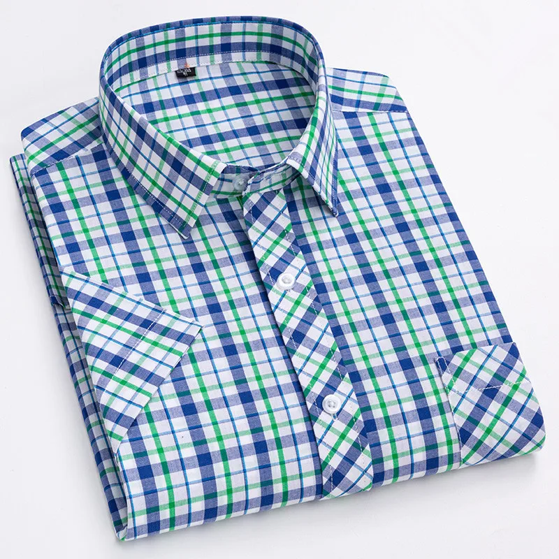 New 100% Pure Cotton Man' Shirt Spring Summer Short Sleeve Plaid Cool Checkered Shirts Men Business Casual with Pocket Leisure