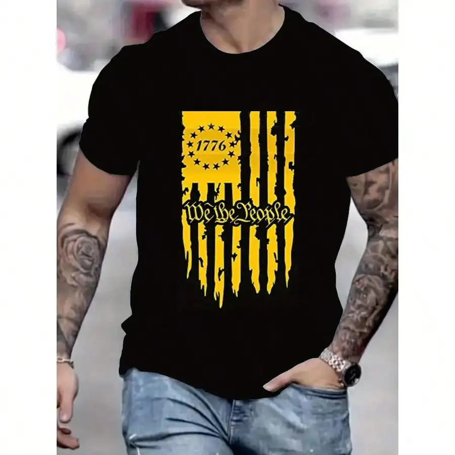 

Man Summer New Arrival T-shirt, A Variation of The American Flag,Men'S Black Short-Sleeve T-Shirt