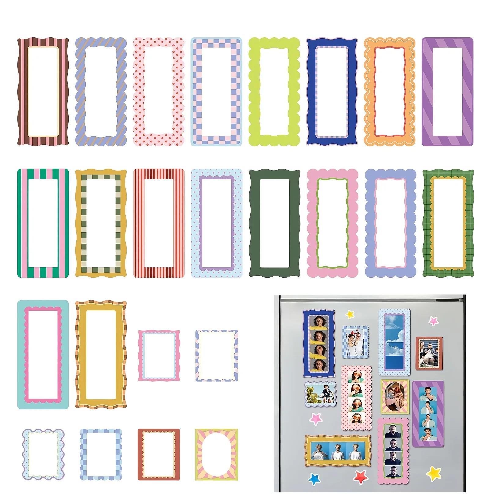 24‑Pack Reusable Magnetic Picture Frames,Assorted 24 Designs,2x6 Inch & 2x3 Inch for Fridge Office Cabinet