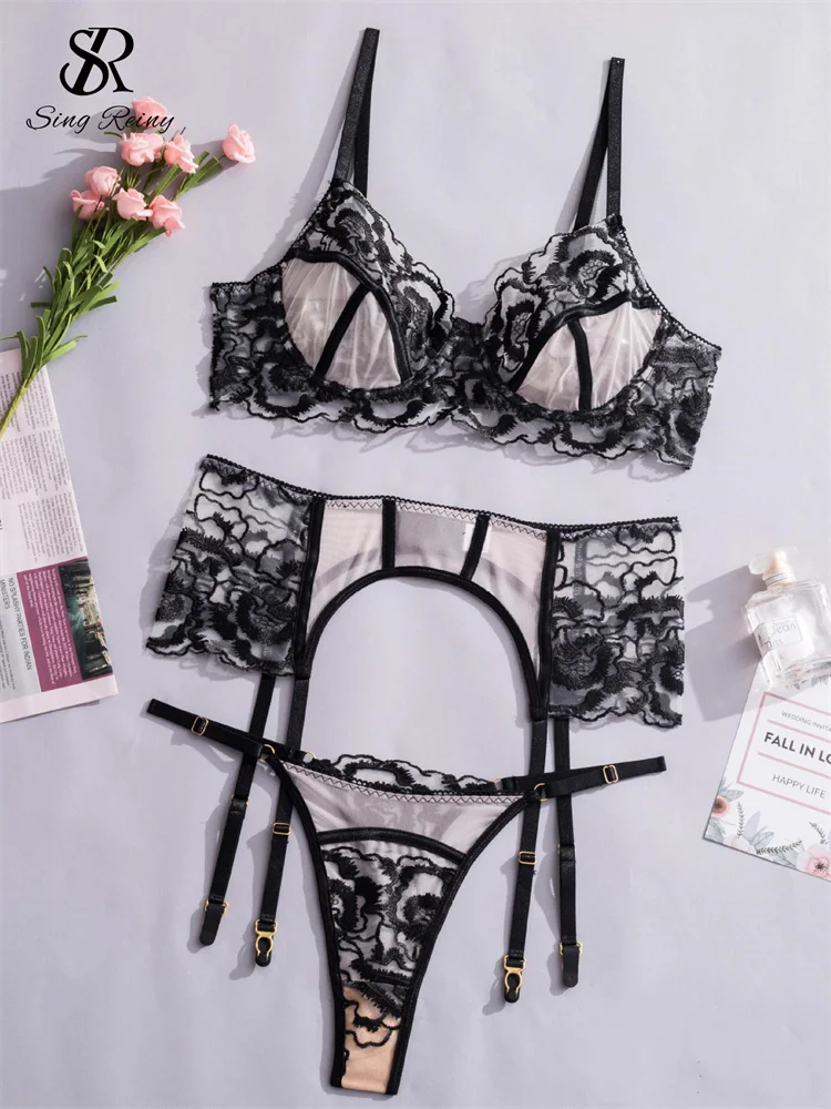 

SINGREINY Female Embroidery Patchwork Sexy Underwear Sets Transparent Skinny Lingerie Women Club Corset Erotic Bra&Brief Suits