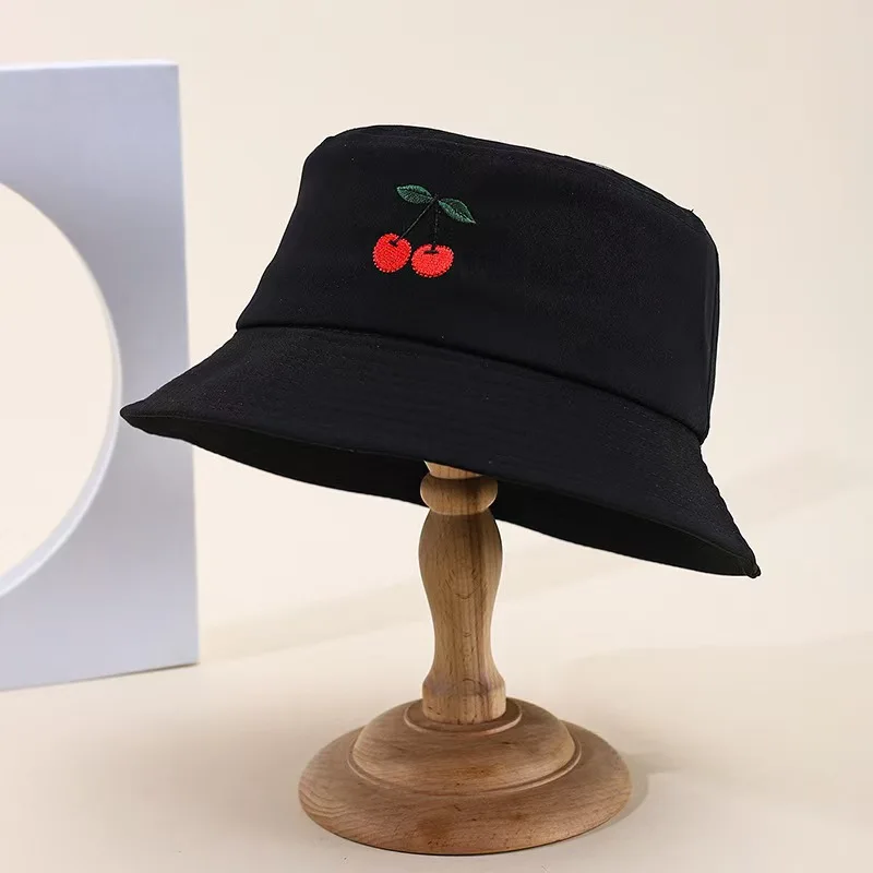 Women's Cherry-Embroidered Bucket Hat—Sun-Protective, Versatile, and Designed to Make the Face Look Smaller.