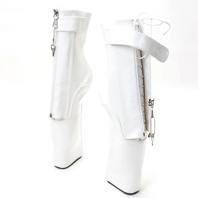 

CACA 22CM Extremely High Heels Women Heelless Ponyplay Ankle Boots,Men Sexy Show Shoes,Fetish Locking Botas,White,Custom Colors