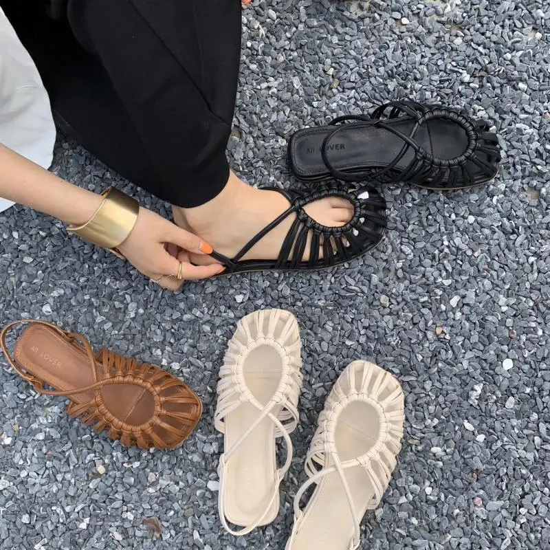 Outside Sandals 2024 Women\'s Ladies Shoes Summer Strappy Heels Suit Female Beige New Comfort Low Fashion  Flat Black